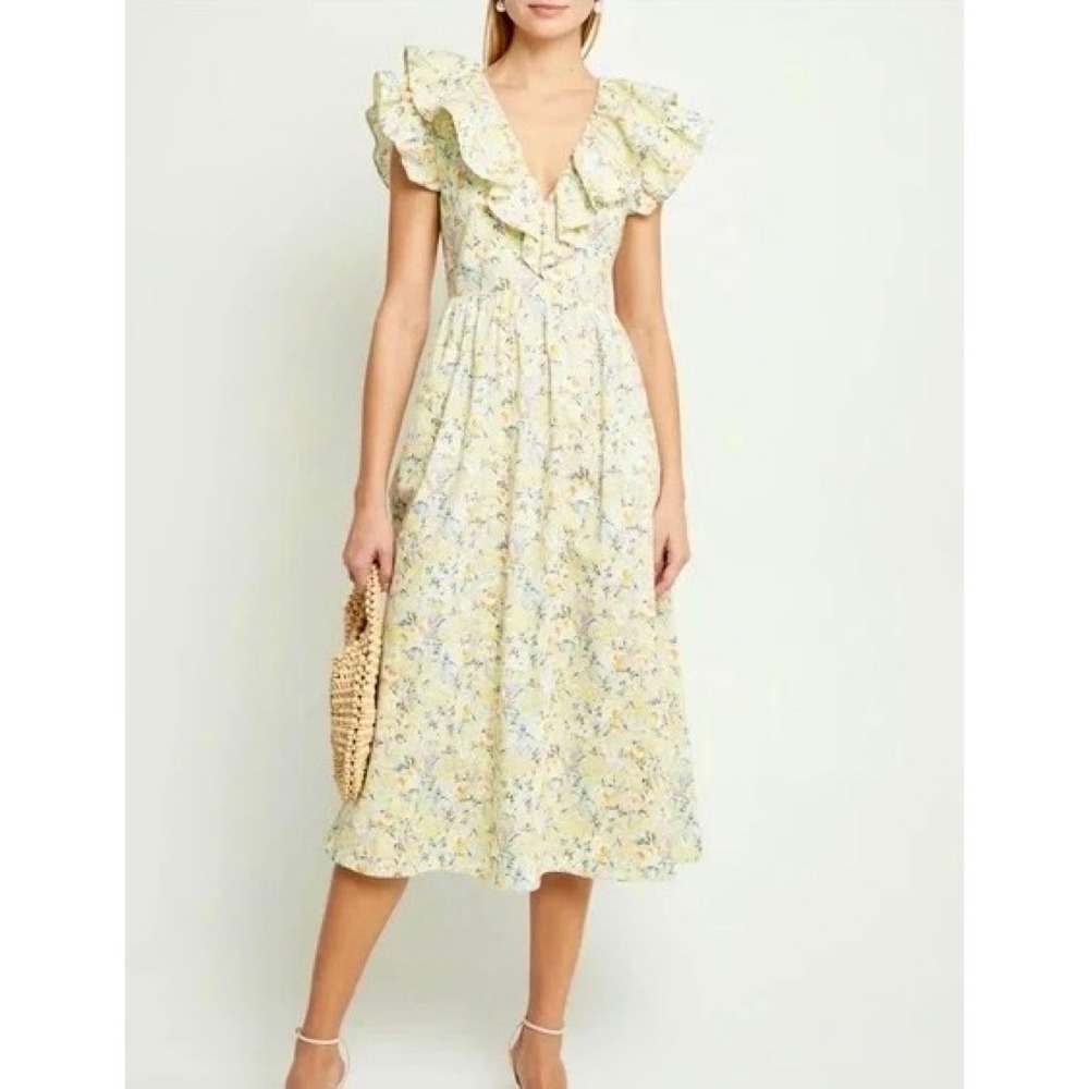 O.P.T. Kate Floral Ruffled Midi Dress One Pretty Time Pockets Ruffles Small - Picture 1 of 16
